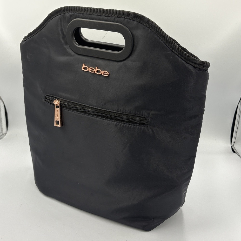 BEBE Tanya Lunch Bag Insulated Zippered Pocket Handle Black Polyester 13.5x13